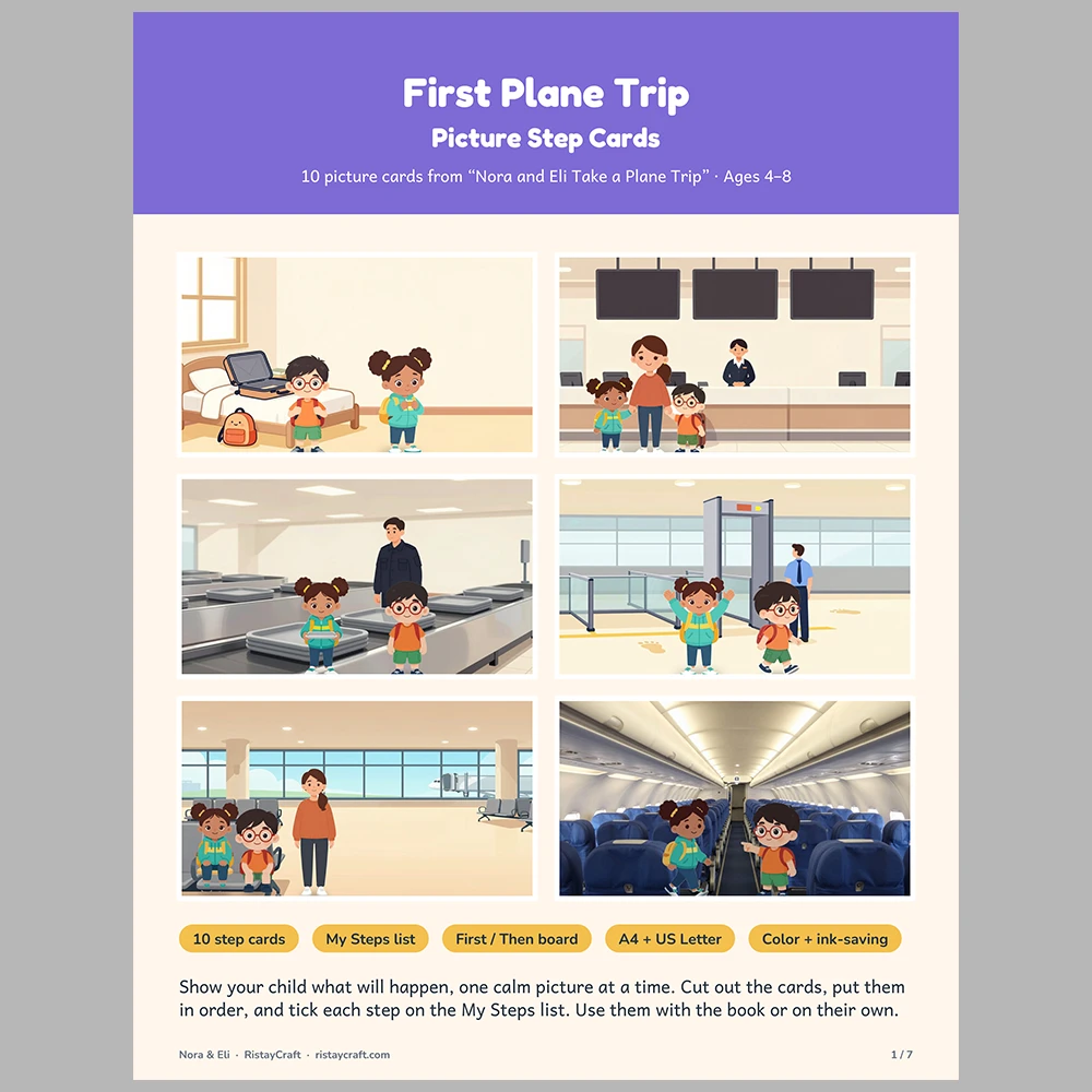 First Plane Trip Picture Step Cards | Printable Visual Sequence Cards for Kids Ages 4–8 | Social Narrative Companion