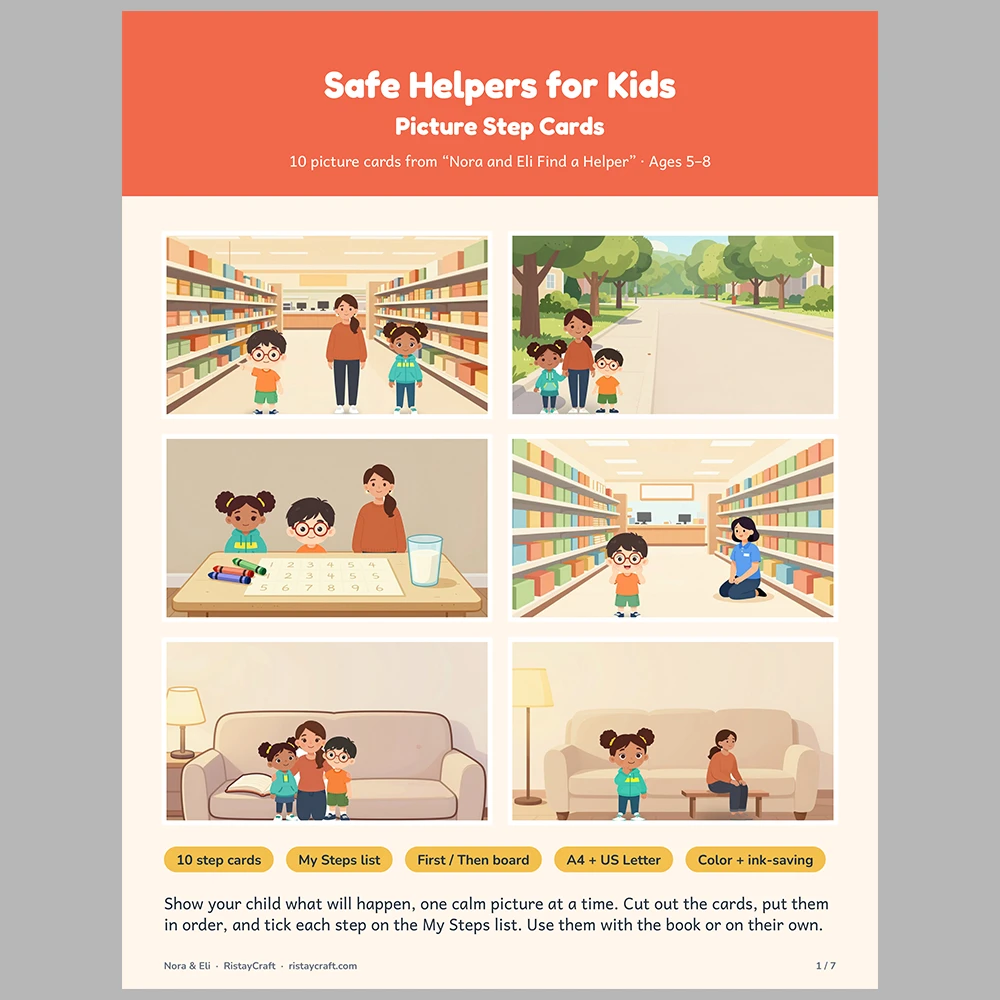 Safe Helpers for Kids Picture Step Cards | Printable Visual Sequence Cards for Kids Ages 5–8 | Safety Rules Companion