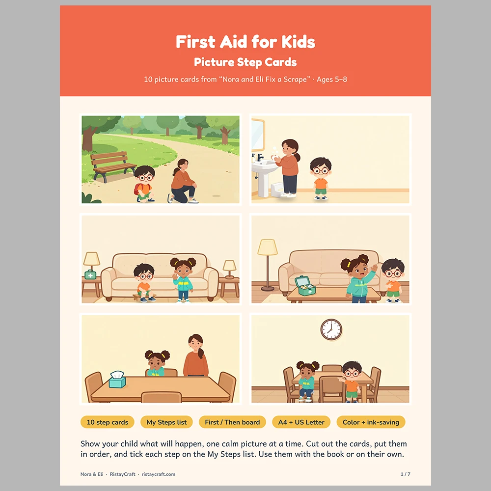 First Aid for Kids Picture Step Cards | Printable Visual Sequence Cards for Kids Ages 5–8 | Safety Rules Companion