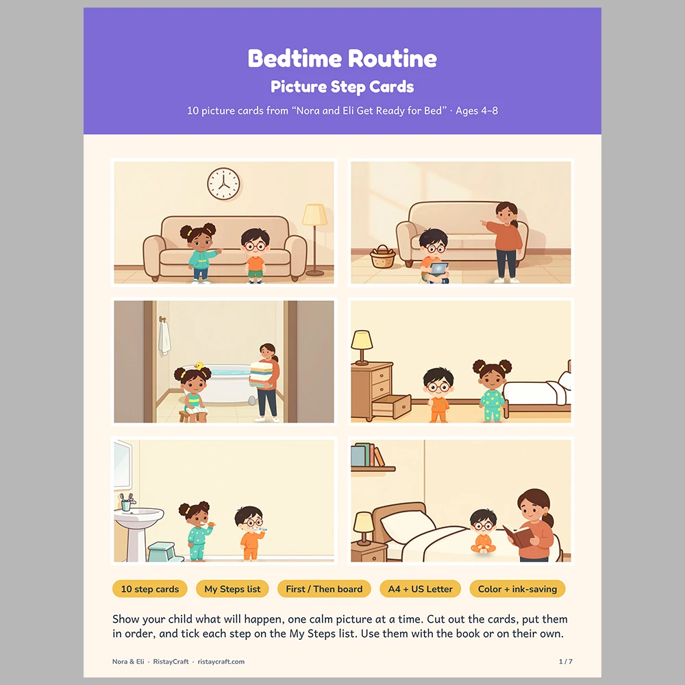 Bedtime Routine Picture Step Cards | Printable Visual Sequence Cards for Kids Ages 4–8 | Social Narrative Companion