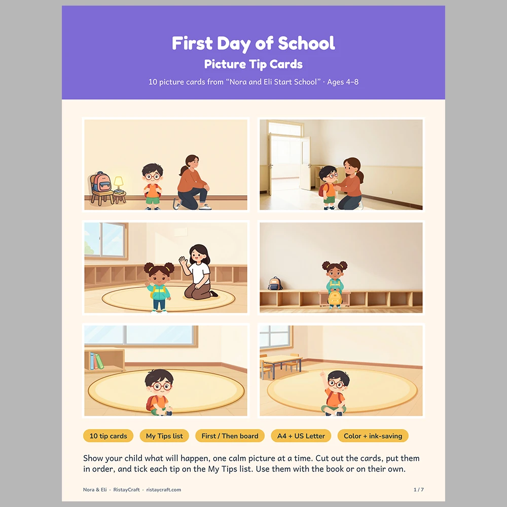 First Day of School Picture Tip Cards | Printable Visual Sequence Cards for Kids Ages 4–8 | Social Narrative Companion