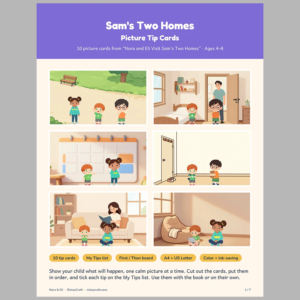 Sam’s Two Homes Picture Tip Cards | Printable Visual Sequence Cards for Kids Ages 4–8 | Social Narrative Companion