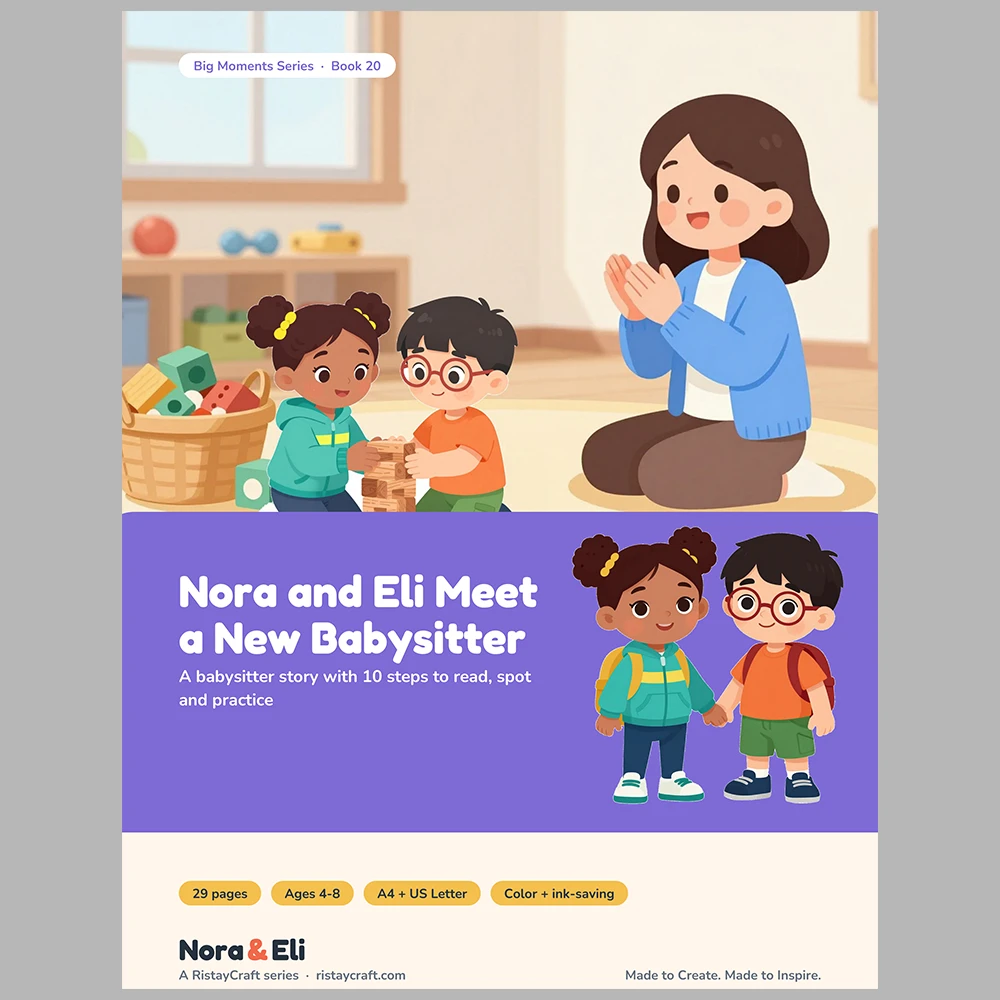 New Babysitter Social Narrative for Kids | 29-Page Printable Big Moment Story Ages 4–8 | Babysitter Goodbye Story Activities