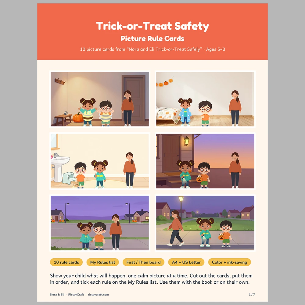 Trick-or-Treat Safety Picture Rule Cards | Printable Visual Sequence Cards for Kids Ages 5–8 | Safety Rules Companion