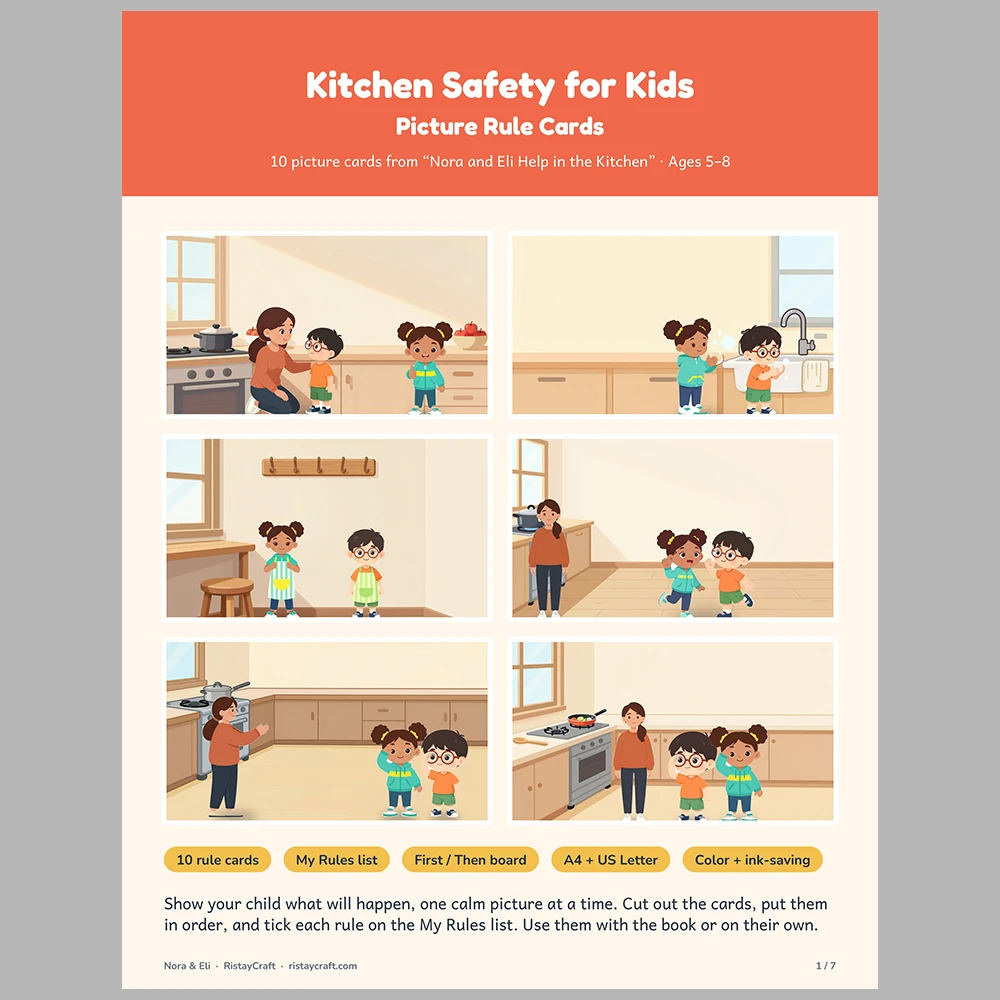 Kitchen Safety for Kids Picture Rule Cards | Printable Visual Sequence Cards for Kids Ages 5–8 | Safety Rules Companion