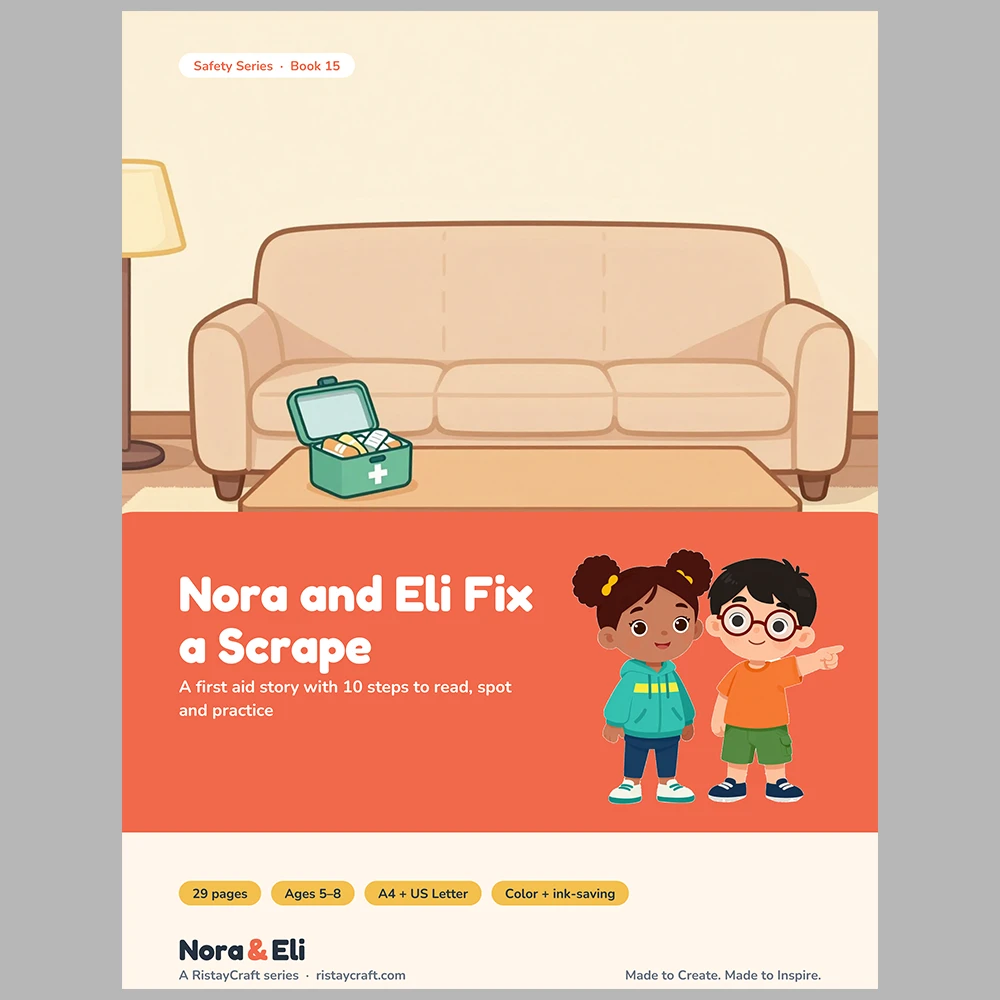 First Aid for Kids Printable | 29-Page Small Hurts First Aid Workbook Ages 5–8 | Scrapes Nosebleeds Stings Stories Activities