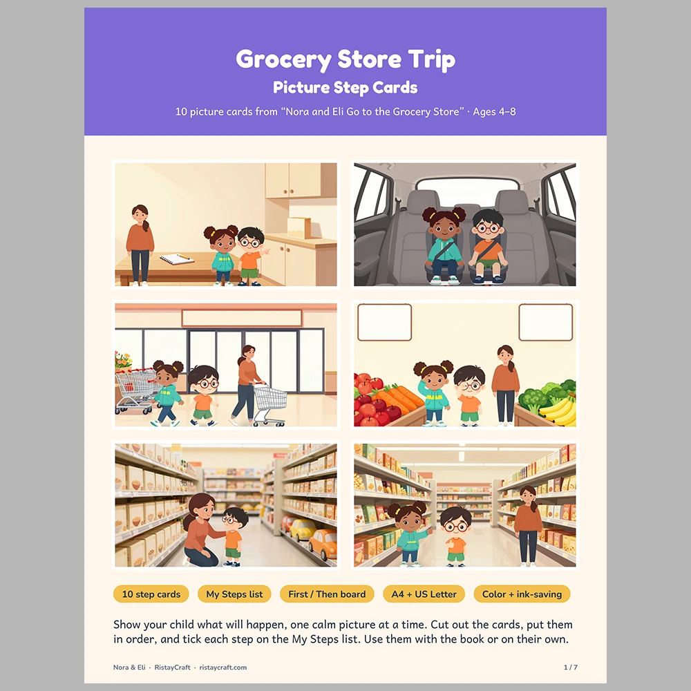 Grocery Store Trip Picture Step Cards | Printable Visual Sequence Cards for Kids Ages 4–8 | Social Narrative Companion