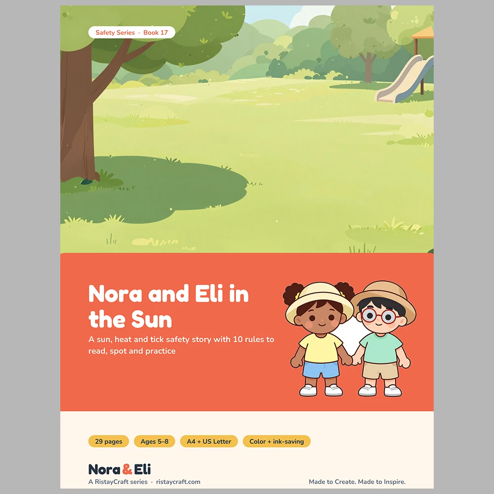 Sun Safety for Kids Printable | 29-Page Summer Heat and Sunscreen Workbook Ages 5–8 | Shade Hat Water Stories Activities