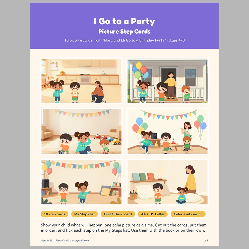 I Go to a Party Picture Step Cards | Printable Visual Sequence Cards for Kids Ages 4–8 | Social Narrative Companion