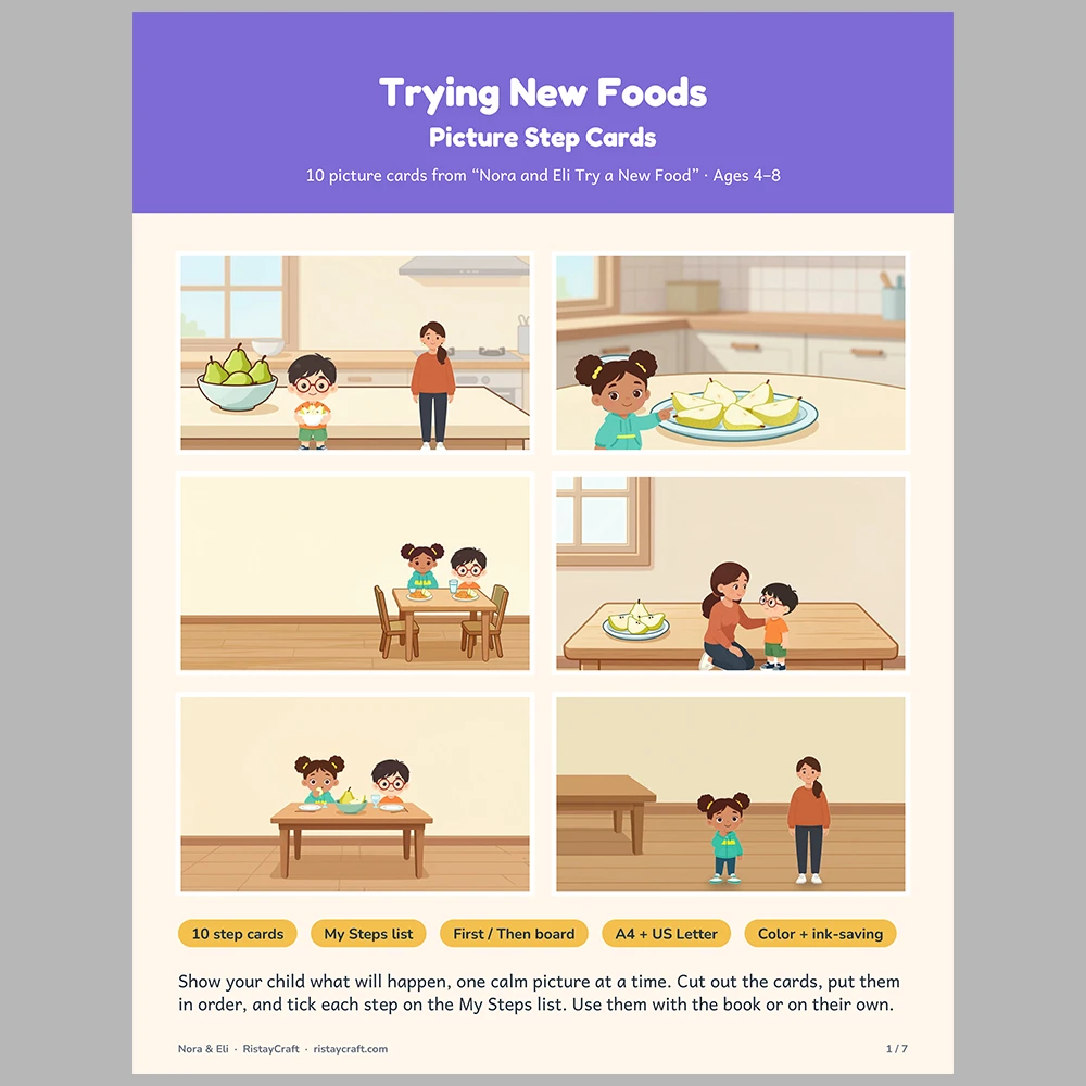 Trying New Foods Picture Step Cards | Printable Visual Sequence Cards for Kids Ages 4–8 | Social Narrative Companion