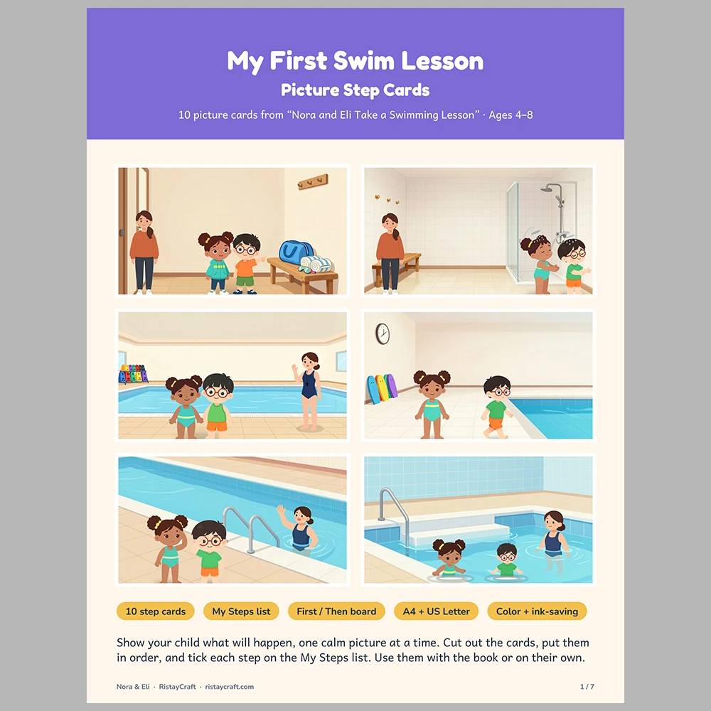 My First Swim Lesson Picture Step Cards | Printable Visual Sequence Cards for Kids Ages 4–8 | Social Narrative Companion