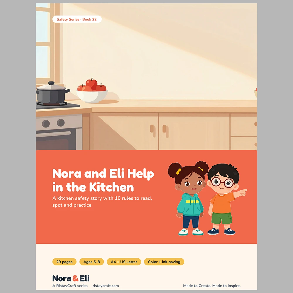 Kitchen Safety for Kids Printable | 29-Page Cooking Safety Workbook Ages 5–8 | Stove Hot Pan Handwashing Stories Activities