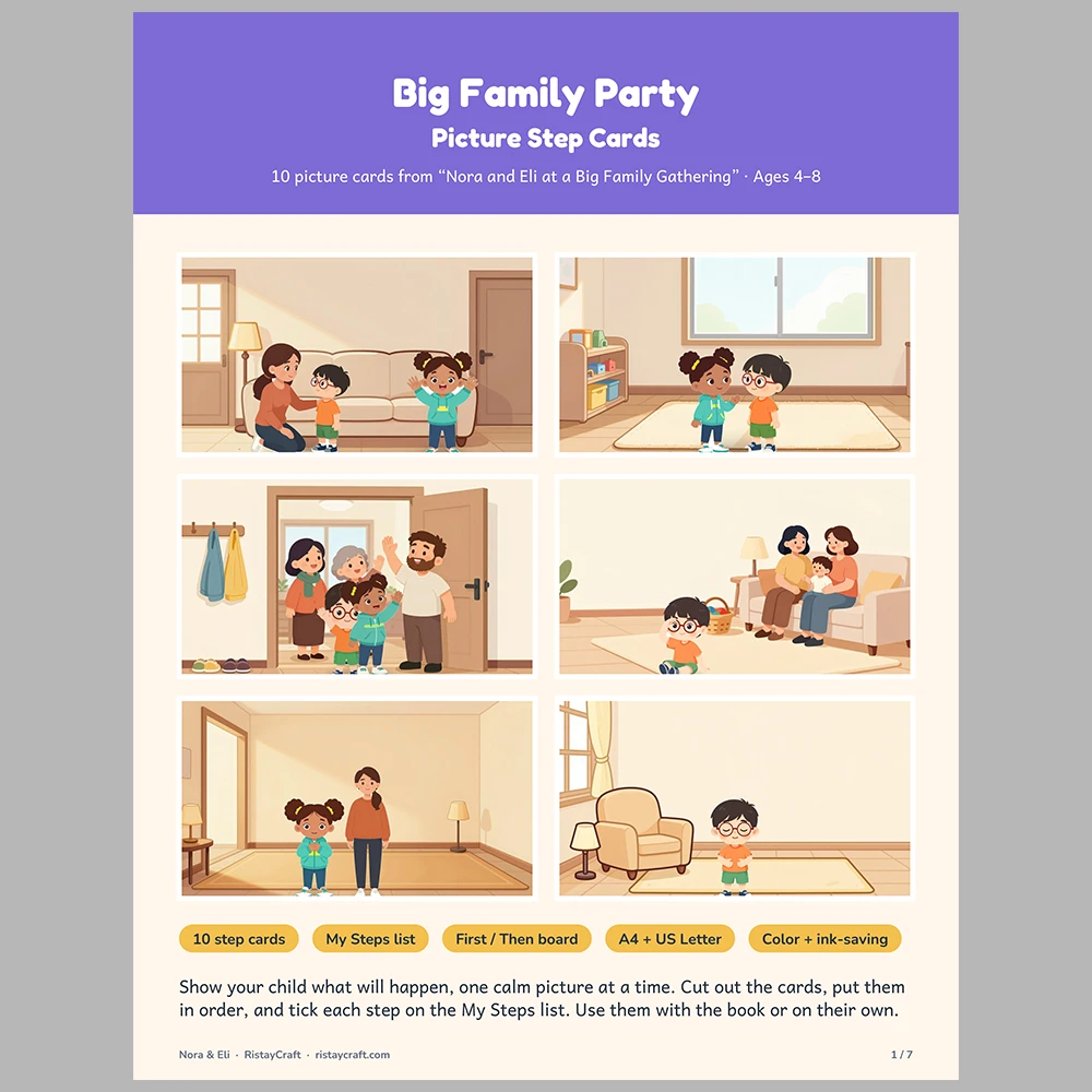 Big Family Party Picture Step Cards | Printable Visual Sequence Cards for Kids Ages 4–8 | Social Narrative Companion