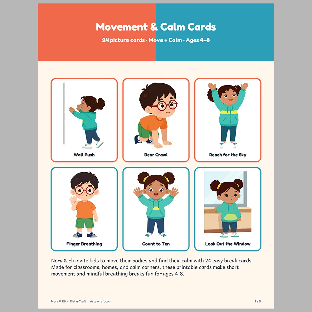 Movement & Calm Break Cards for Kids, Printable Brain Break Cards Ages 4-8, Classroom Calm Corner, Nora & Eli