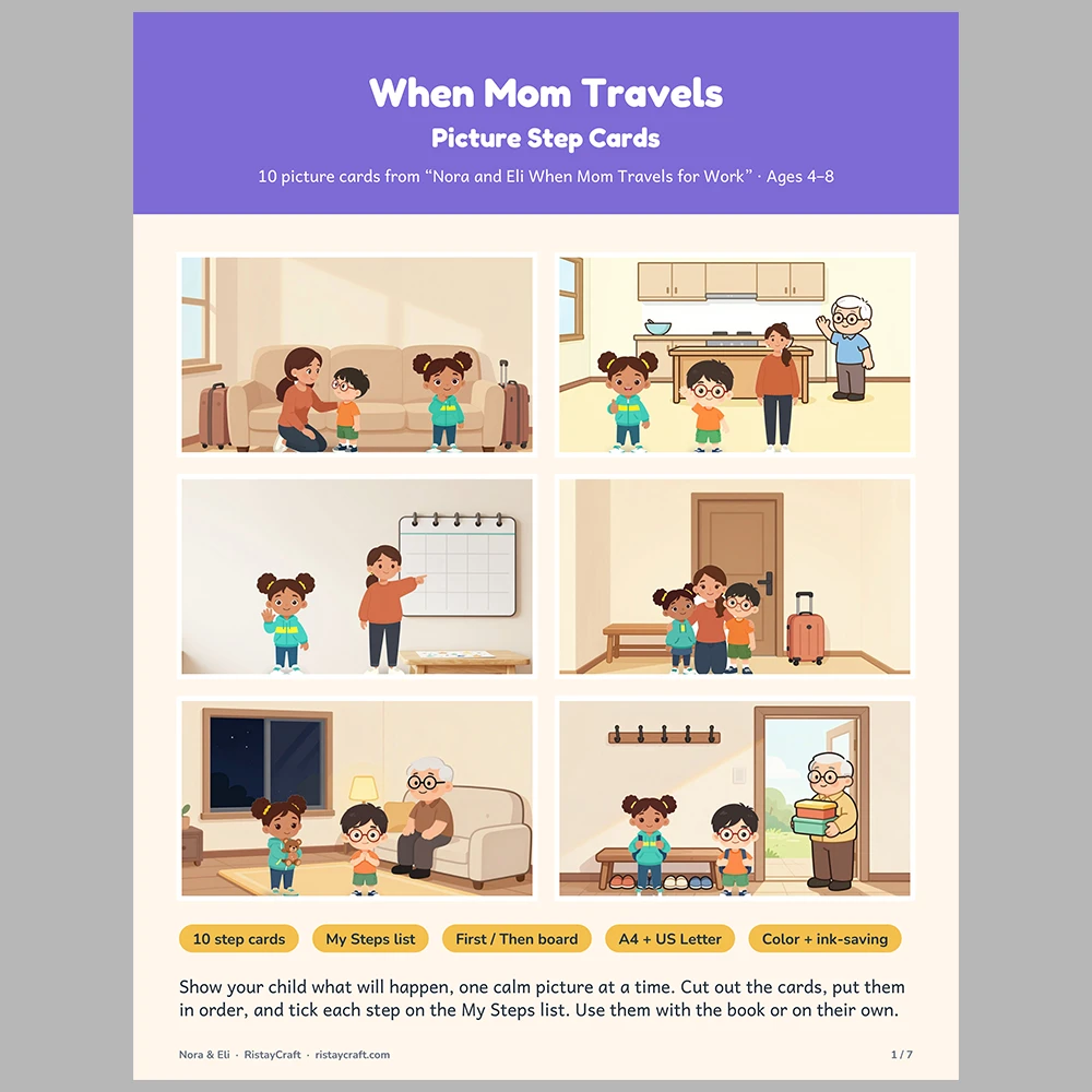When Mom Travels Picture Step Cards | Printable Visual Sequence Cards for Kids Ages 4–8 | Social Narrative Companion