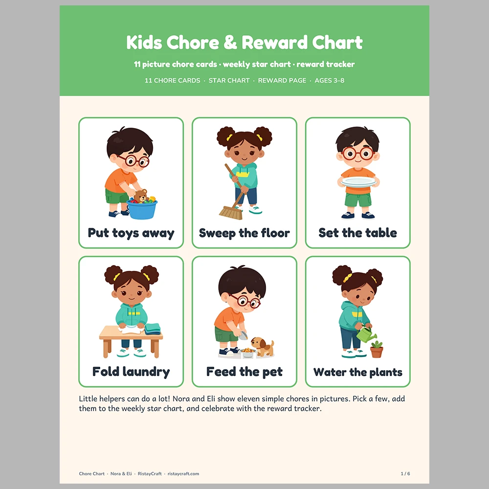 Kids Chore Chart and Reward Chart Printable | 11 Picture Chore Cards, Weekly Star Chart & Reward Tracker | Toddler Preschool Ages 3-8