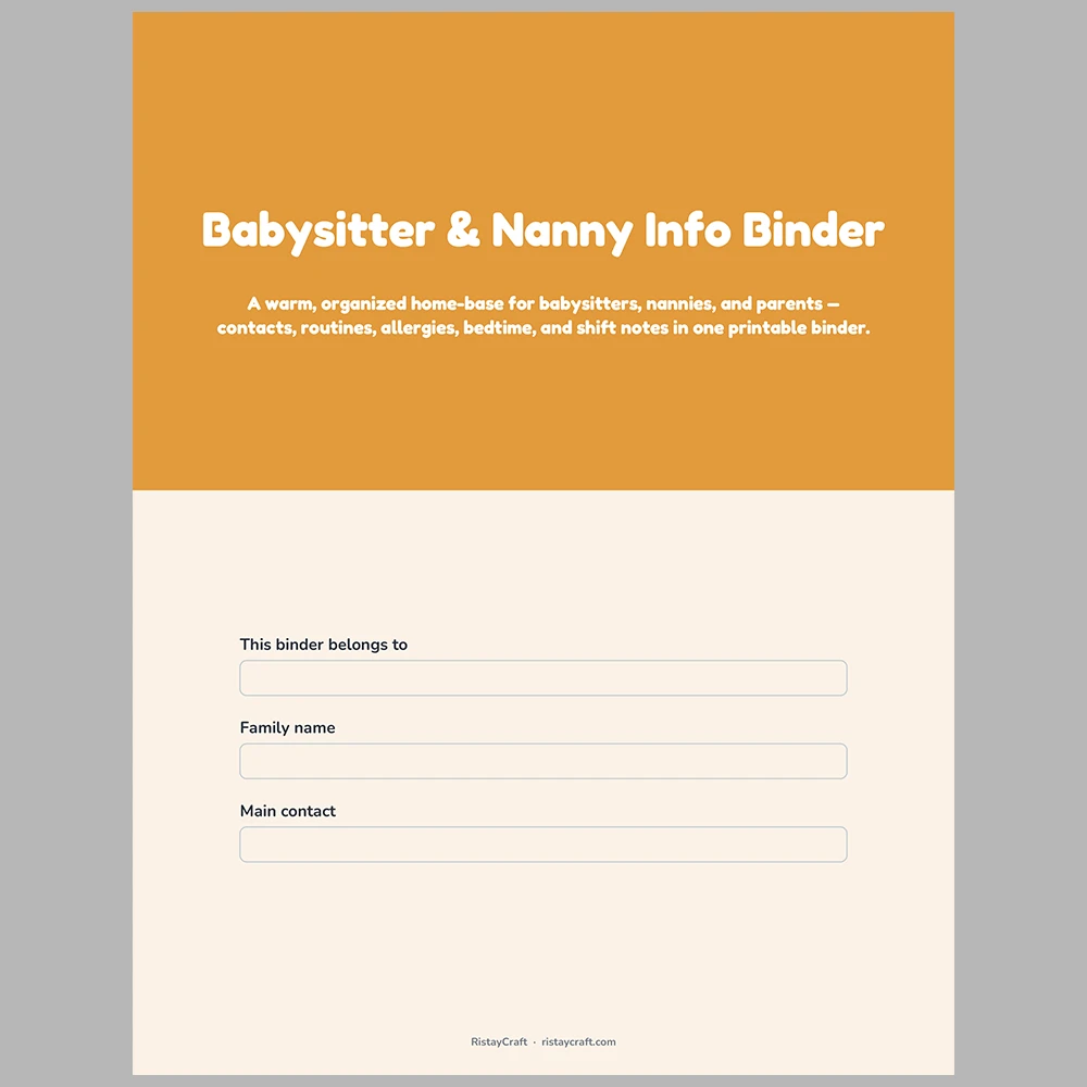Babysitter Binder Printable | Nanny Info Sheet | Emergency Contacts, Child Profile, Bedtime Routine, Sitter Notes | Instant Download PDF