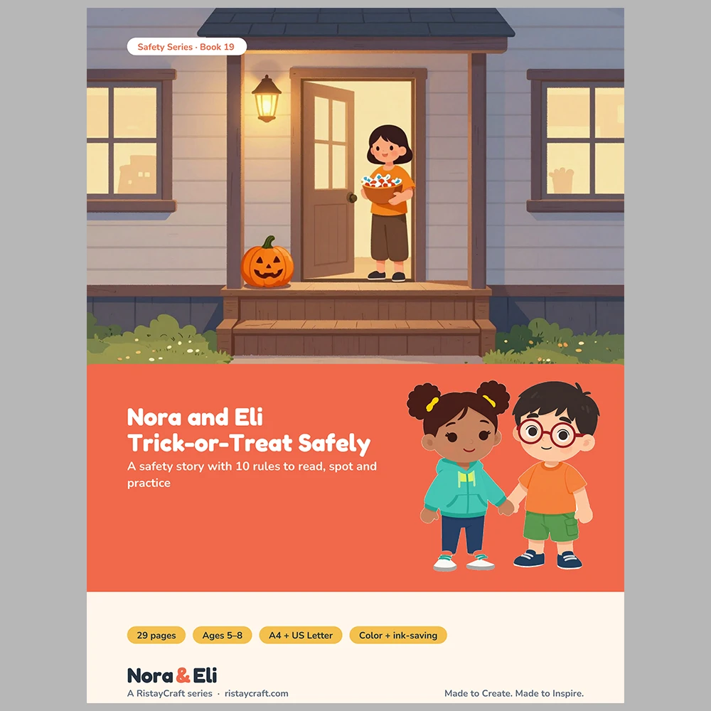 Halloween Safety for Kids Printable | 29-Page Trick-or-Treat Safety Workbook Ages 5–8 | Costume Flashlight Crosswalk Activities