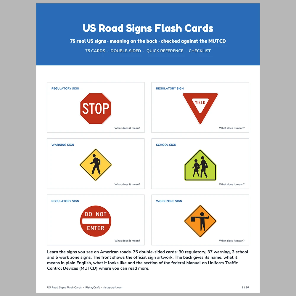 US Road Signs Flash Cards | 75 Real US Traffic Signs with Meanings | Driver’s Ed & Permit Test Study Cards | Printable PDF
