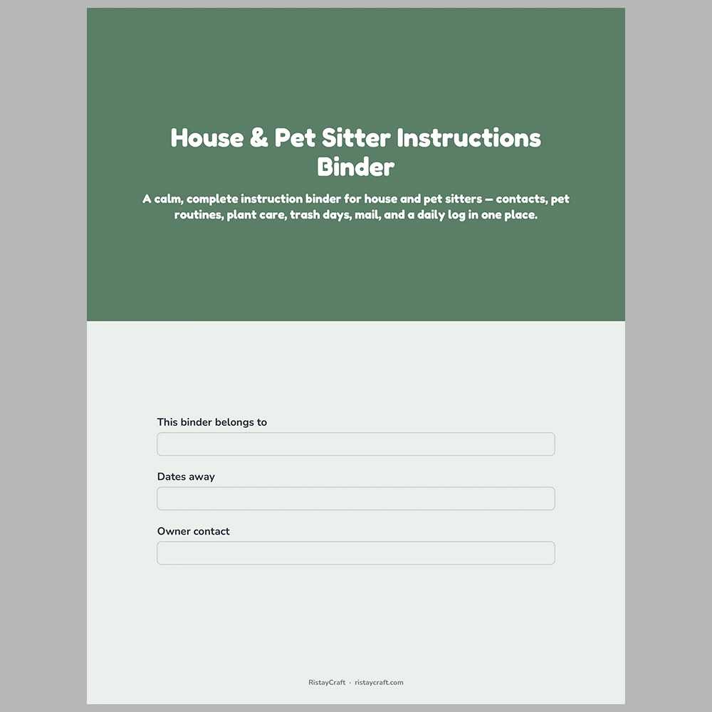 House Sitter Binder Printable | Pet Sitter Instructions | Home Info, Pet Care, Plant Care, Daily Log | Instant Download PDF