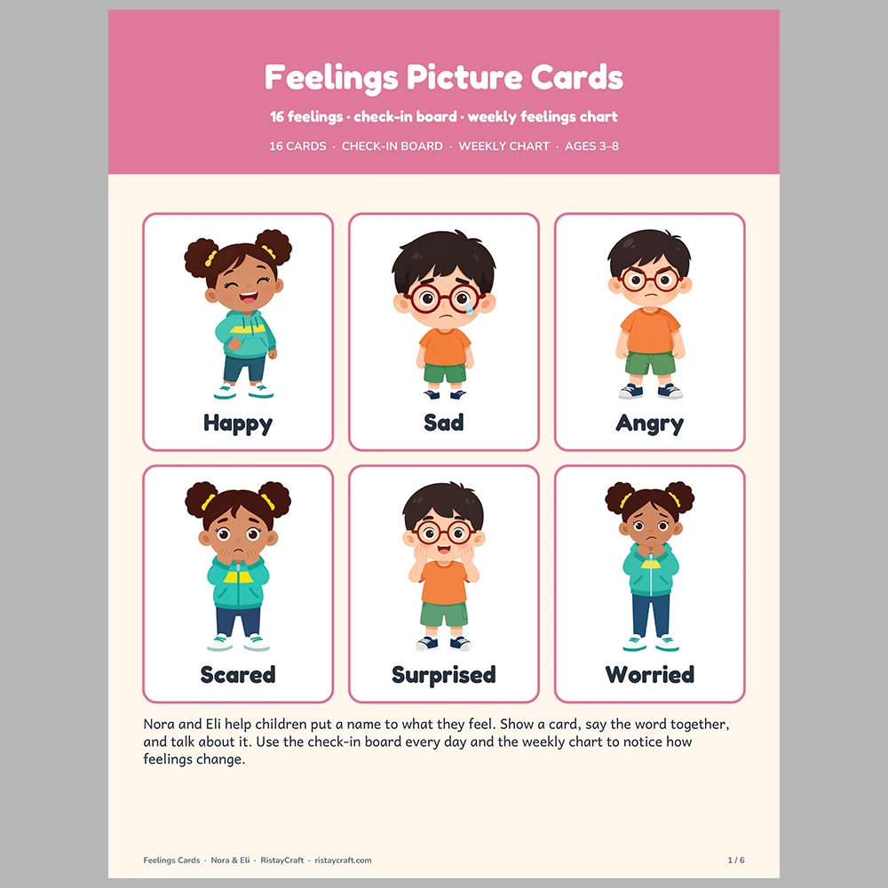 Feelings Picture Cards for Kids | 16 Emotions Flash Cards, Feelings Check-In Chart & Weekly Feelings Chart | Printable SEL Ages 3-8