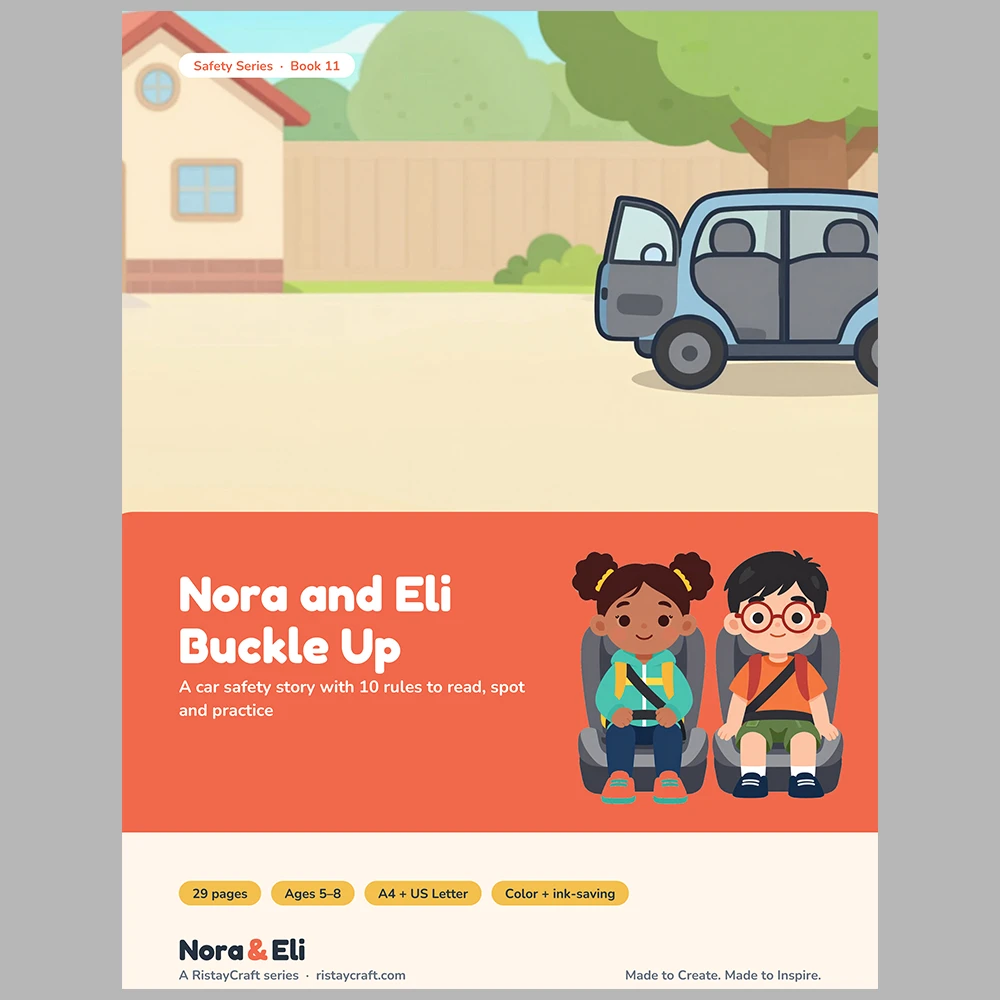 Car Safety for Kids Printable | 29-Page Seat Belt and Booster Seat Workbook Ages 5–8 | Buckle Up Stories Activities