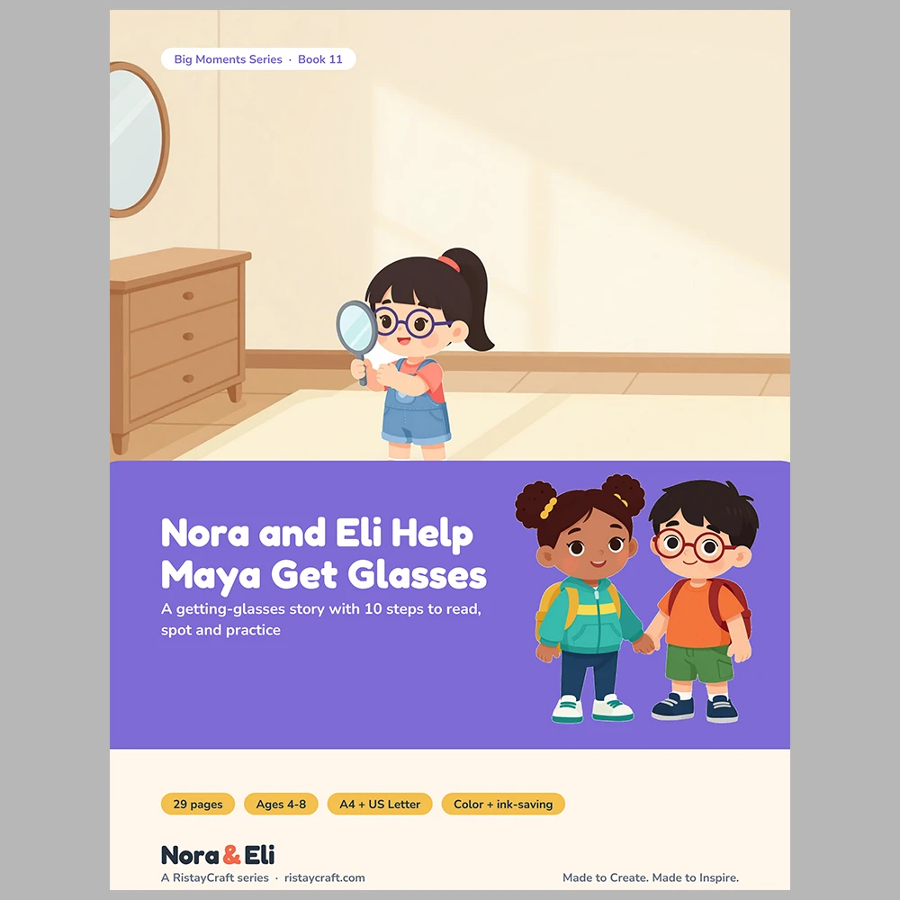 Getting Glasses Social Narrative for Kids | 29-Page Printable Big Moment Story Ages 4–8 | Eye Exam Frames Activities