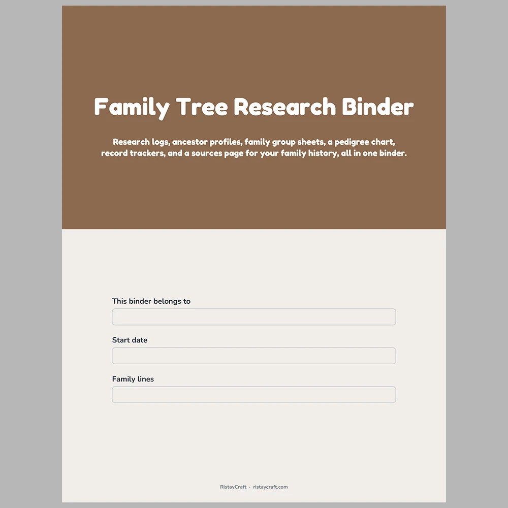 Family Tree Research Binder Printable | Genealogy Organizer | Pedigree Chart, Family Group Sheets, Census Log | Fillable PDF