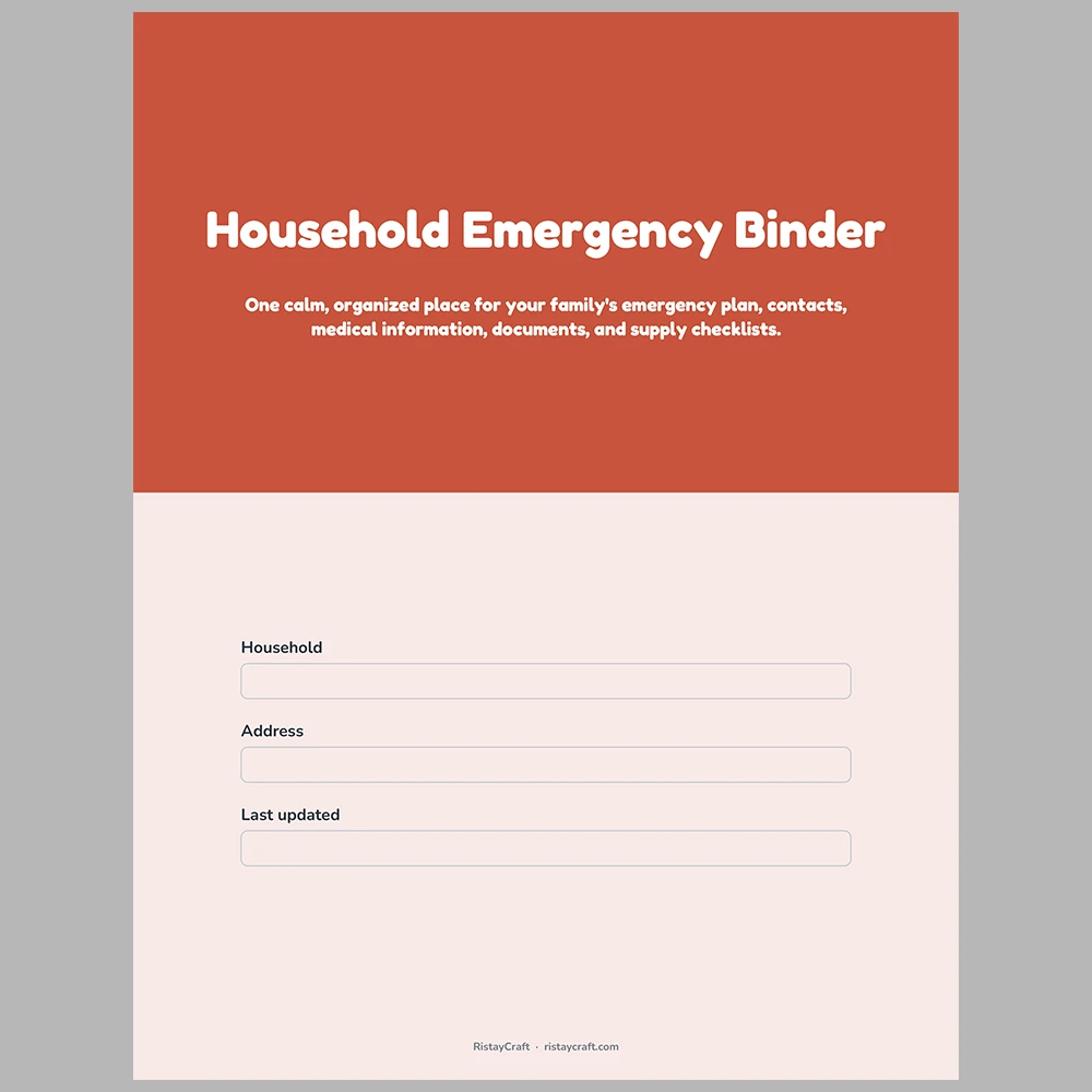 Household Emergency Binder Printable | Family Emergency Plan | Contacts, Documents, Kit Checklist, Pets | Fillable PDF Instant Download