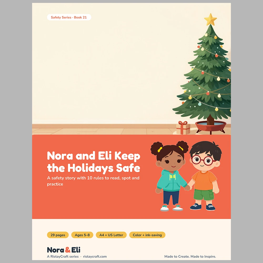 Holiday Safety for Kids Printable | 29-Page Christmas Tree Candle and Lights Safety Workbook Ages 5–8 | December Activities