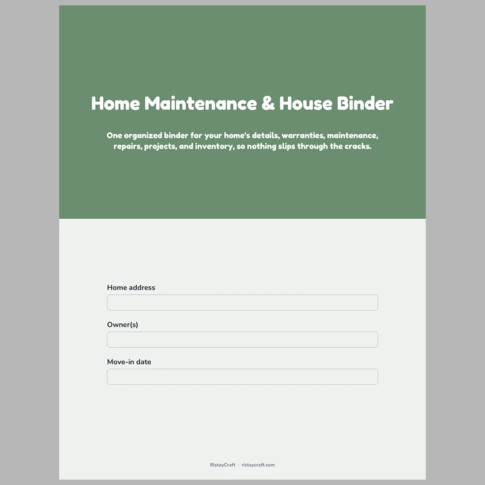 Home Maintenance Binder Printable | House Binder | Appliance Log, Repair Log, Seasonal Checklists, Home Inventory | Fillable PDF