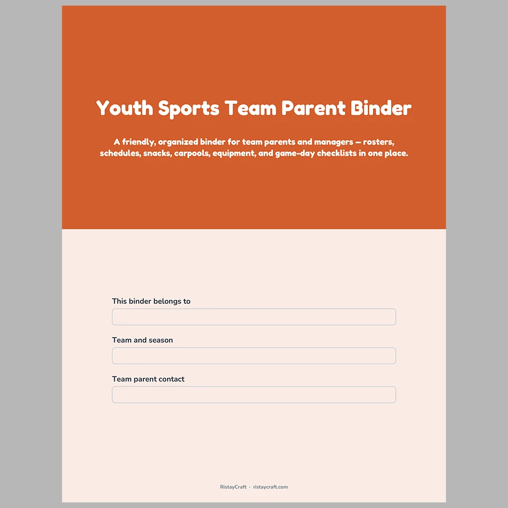 Team Parent Binder Printable | Youth Sports Manager Organizer | Roster, Snack Schedule, Carpool Log, Game Day Checklist | Instant PDF