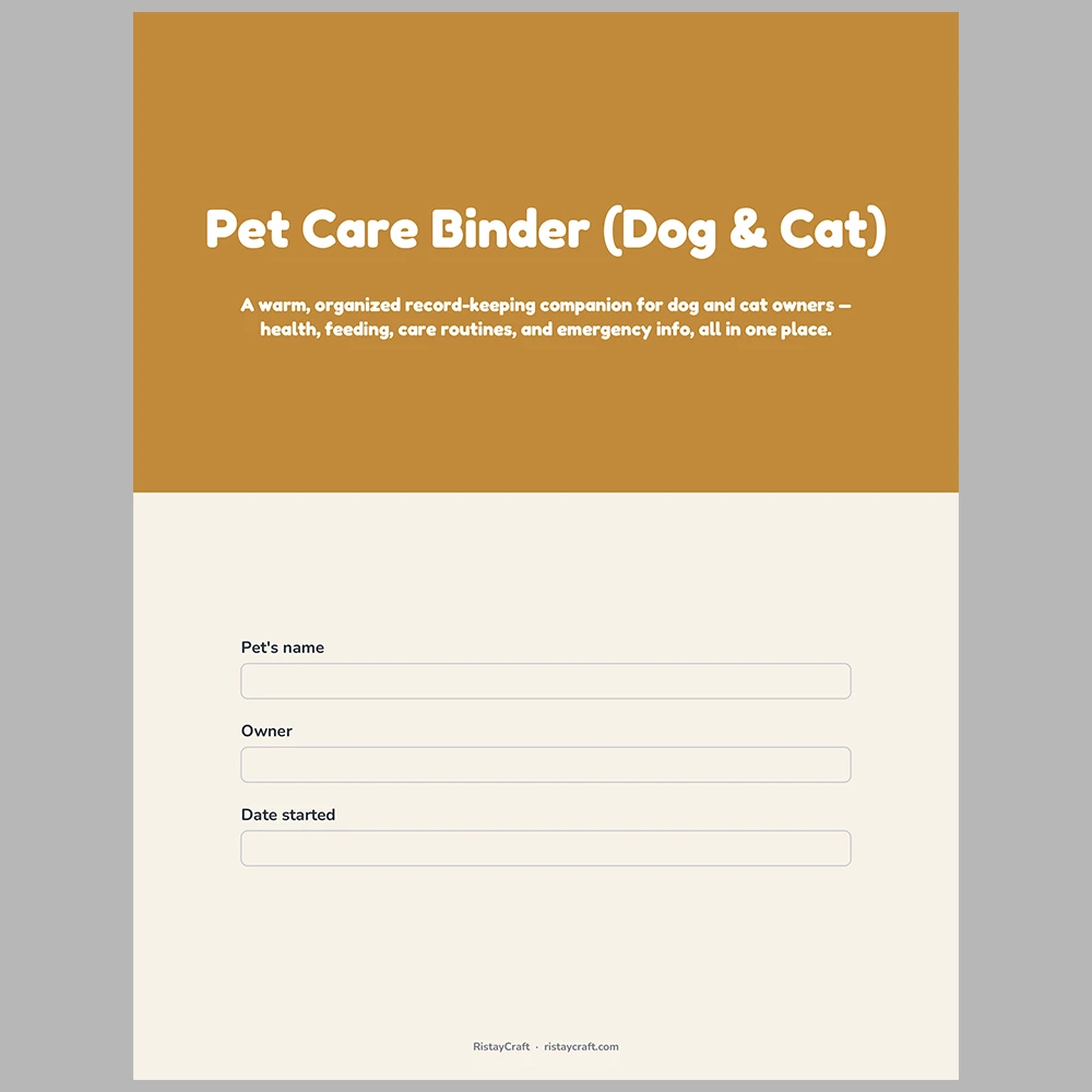 Pet Care Binder Printable | Dog & Cat Health Record, Vaccination Log, Feeding Schedule, Pet Sitter Sheet | Instant Download PDF