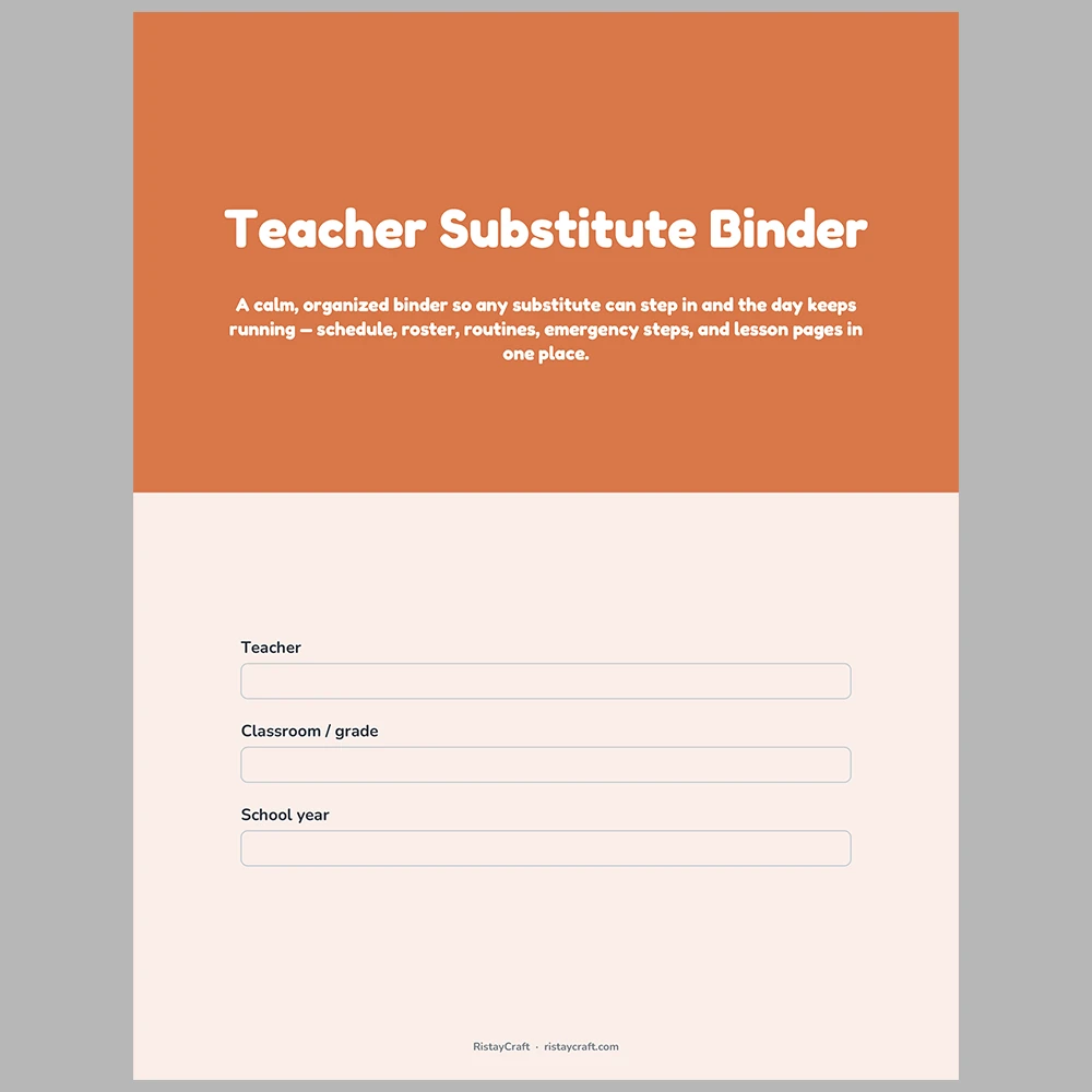 Substitute Teacher Binder Printable | Sub Plans Template | Classroom Roster, Schedule, Emergency Info | K-8 Fillable PDF Instant Download