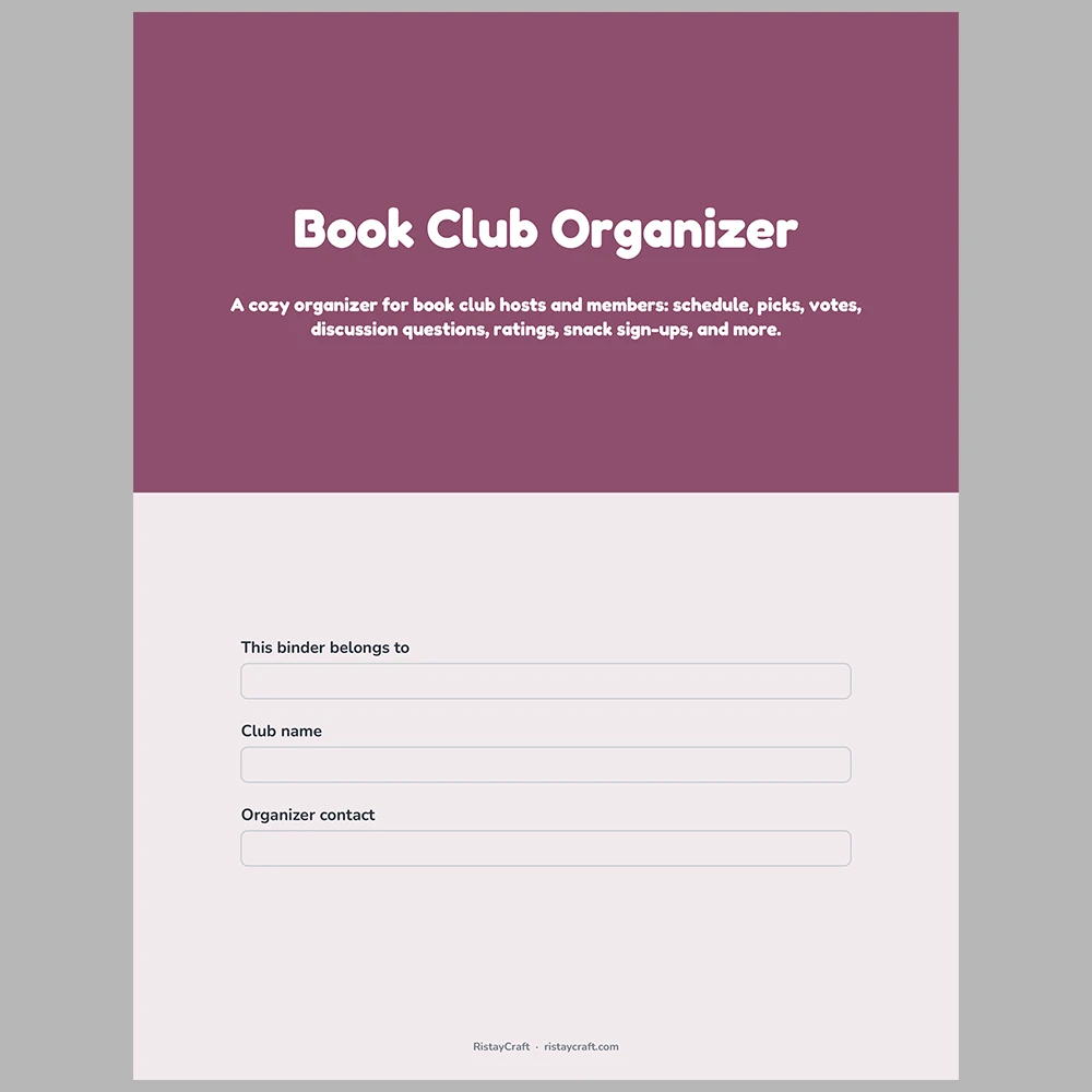 Book Club Organizer Printable | Member List, Meeting Schedule, Book Votes, Hosting Rotation & Ratings Log | Fillable PDF Planner
