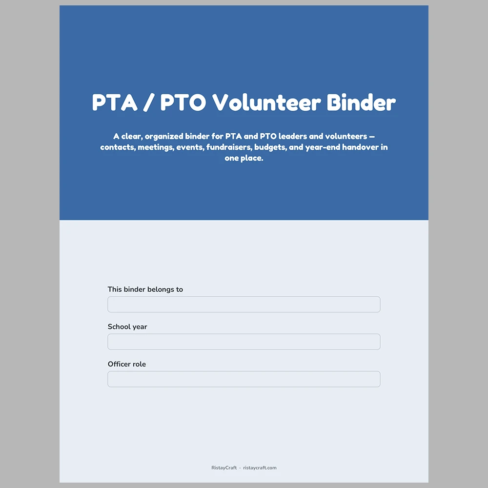 PTA Binder Printable | PTO Volunteer Organizer | Meeting Minutes, Event Planner, Fundraiser Tracker, Budget Log | Instant Download PDF