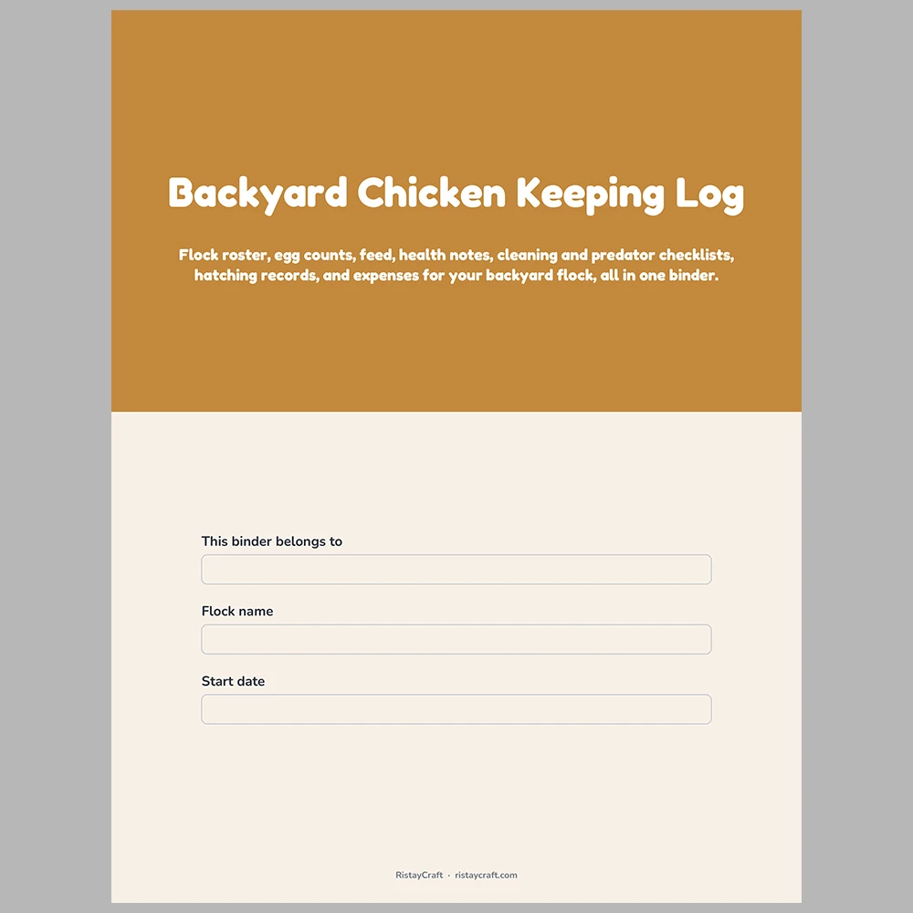 Backyard Chicken Keeping Log Printable | Flock Roster, Egg Production, Feed, Coop Cleaning, Hatching Log | Fillable PDF Download