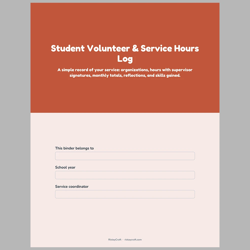 Student Volunteer Hours Log Printable | Community Service Tracker with Supervisor Signature | Instant Download PDF