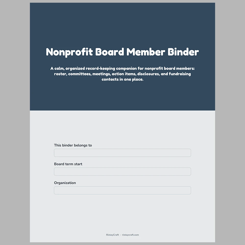Nonprofit Board Member Binder Printable | Board Roster, Committees, Meeting Notes, Action Items & Donor Log | Fillable PDF Organizer