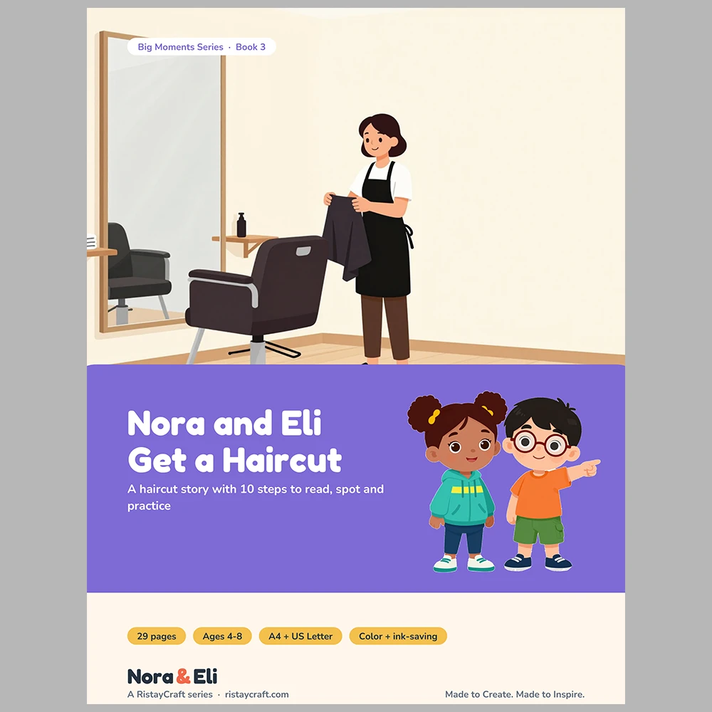 Getting a Haircut Social Narrative for Kids | 29-Page Printable Big Moment Story Ages 4–8 | Calm Coping Sensory Tips Activities