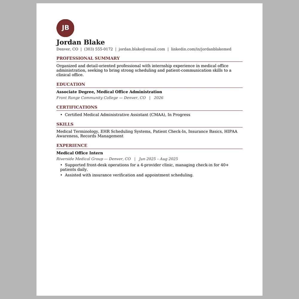 Entry-Level Medical Secretary Resume Template | ATS-Friendly Word & PDF Resume
