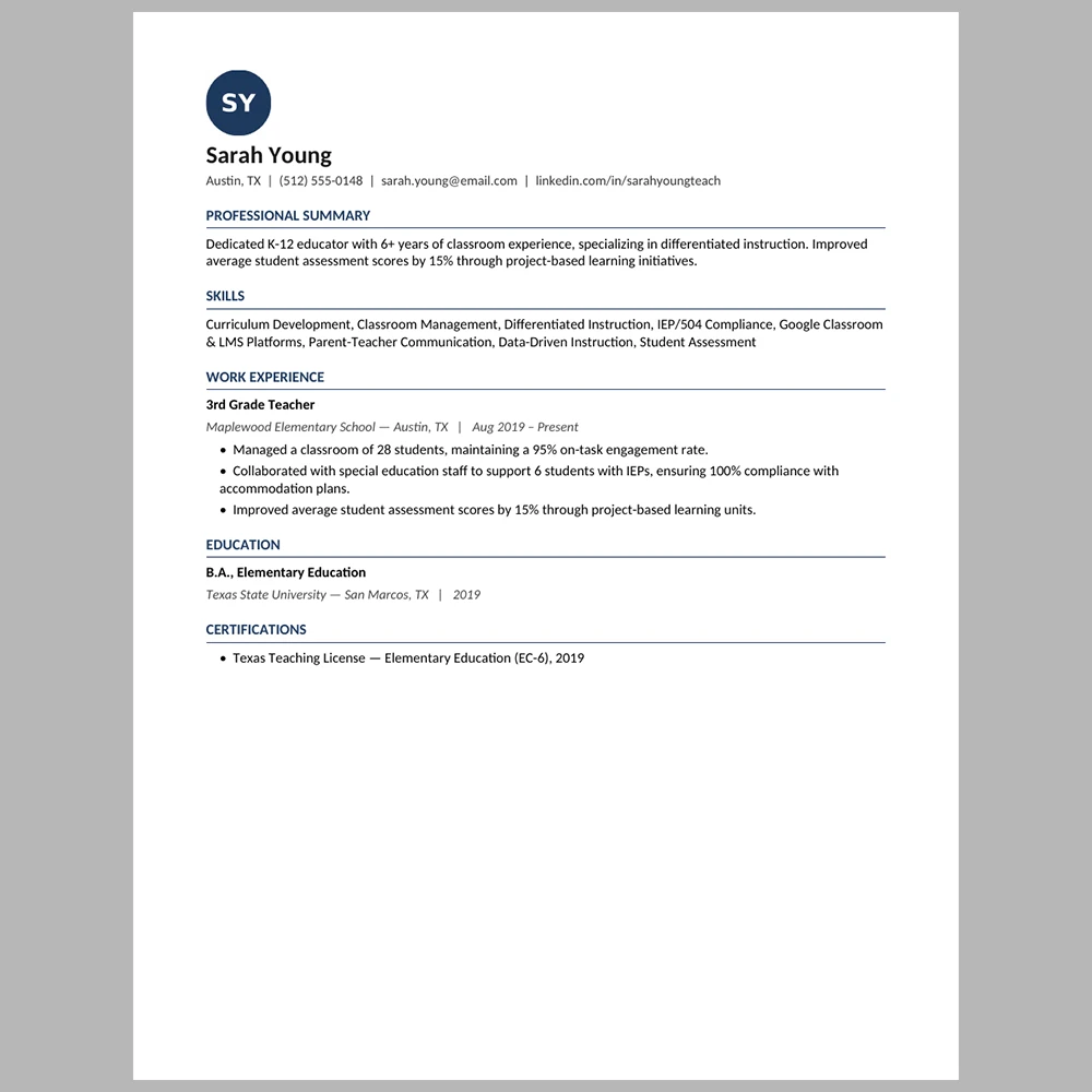 Experienced K-12 Teacher Resume Template | ATS-Friendly Word & PDF Resume