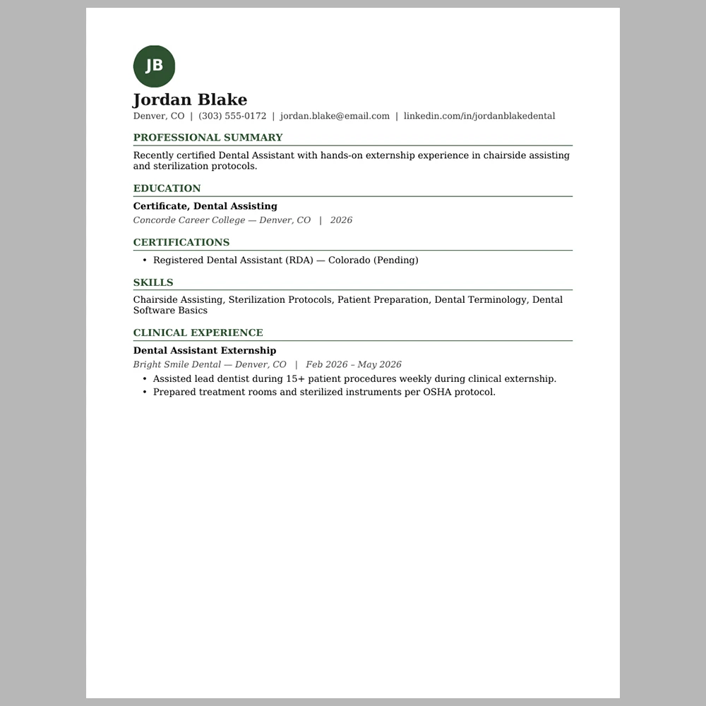 New Graduate Dental Assistant Resume Template | ATS-Friendly Word & PDF Resume