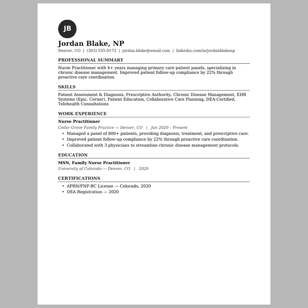 Experienced Nurse Practitioner (NP) Resume Template | ATS-Friendly Word & PDF Resume