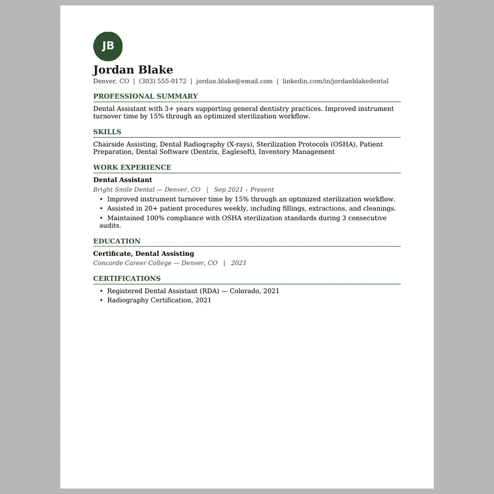 Experienced Dental Assistant Resume Template | ATS-Friendly Word & PDF Resume