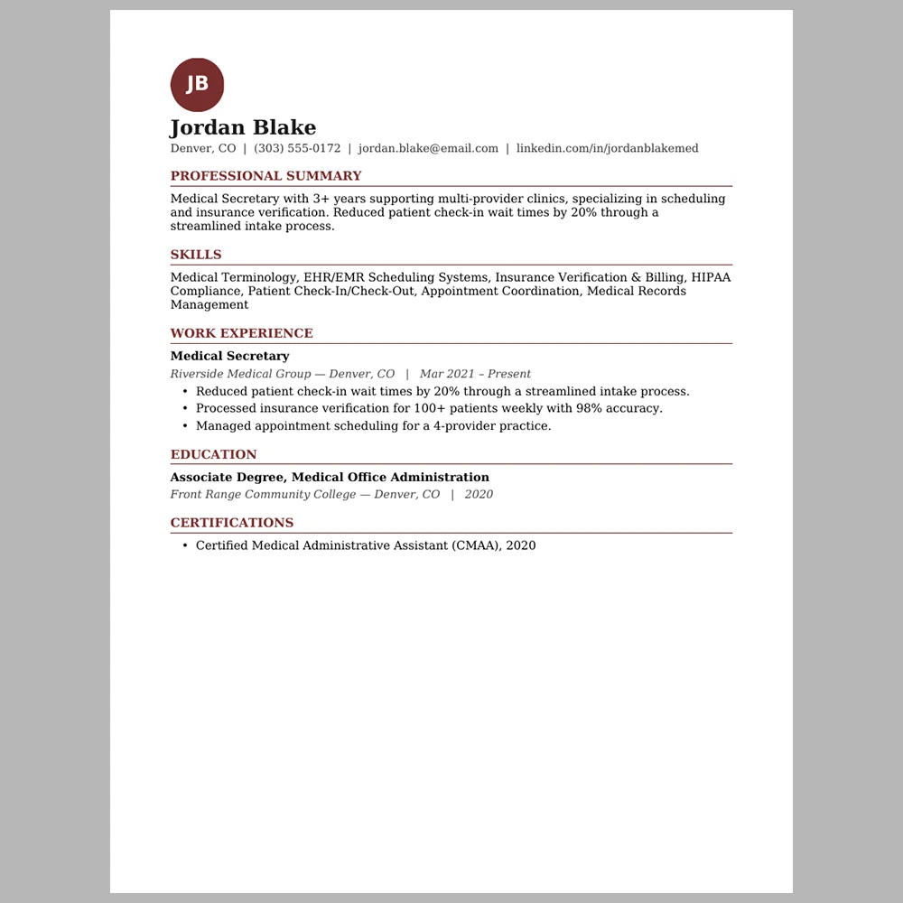 Experienced Medical Secretary Resume Template | ATS-Friendly Word & PDF Resume