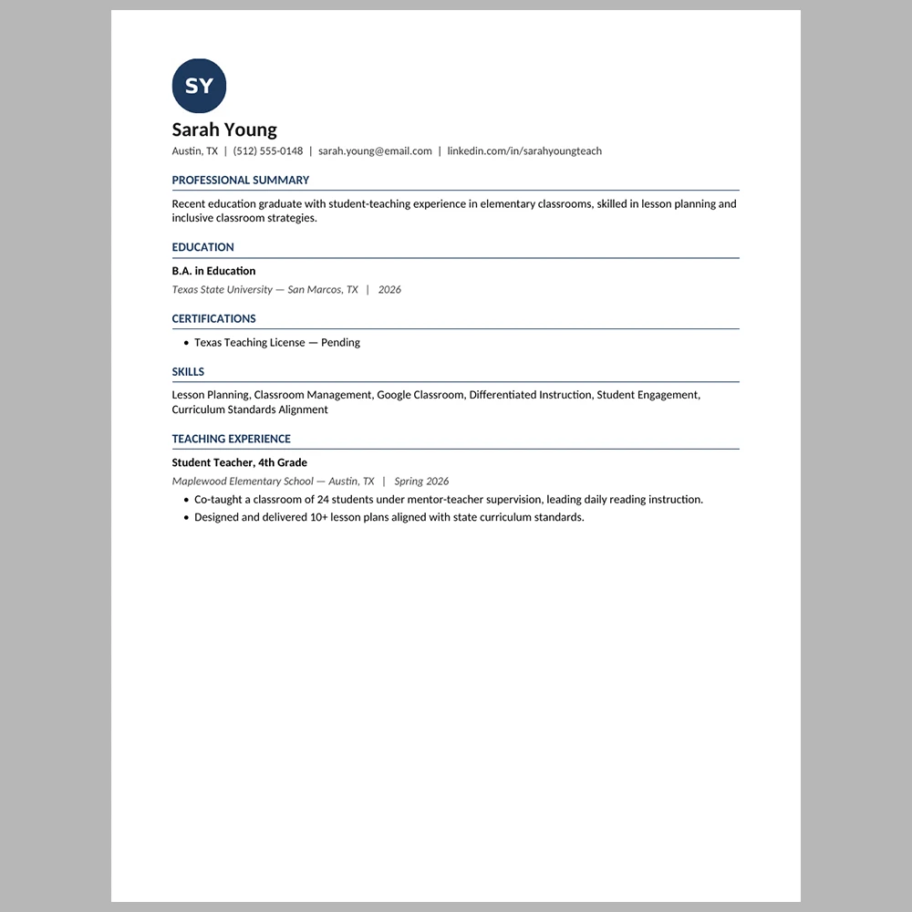New Graduate Teacher Resume Template | ATS-Friendly Word & PDF Resume
