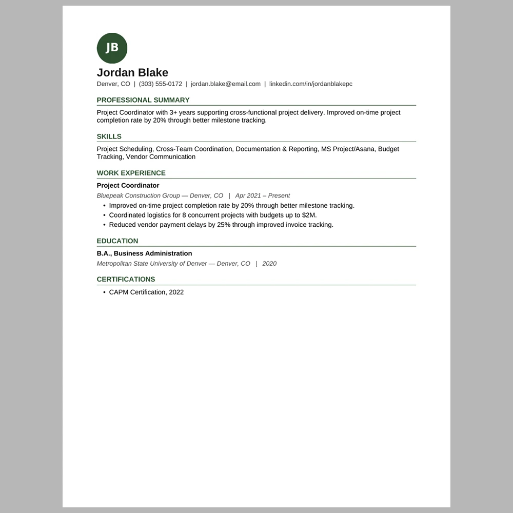 Experienced Project Coordinator Resume Template | ATS-Friendly Word & PDF Resume
