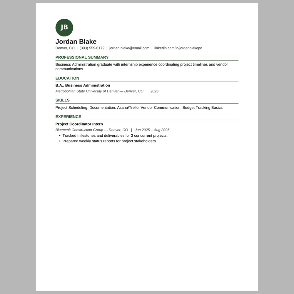 New Graduate Project Coordinator Resume Template | ATS-Friendly Word & PDF Resume