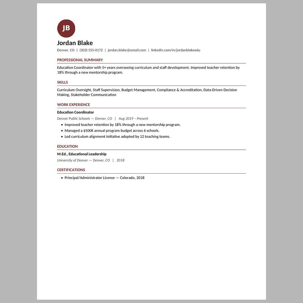 Experienced Education Administrator Resume Template | ATS-Friendly Word & PDF Resume